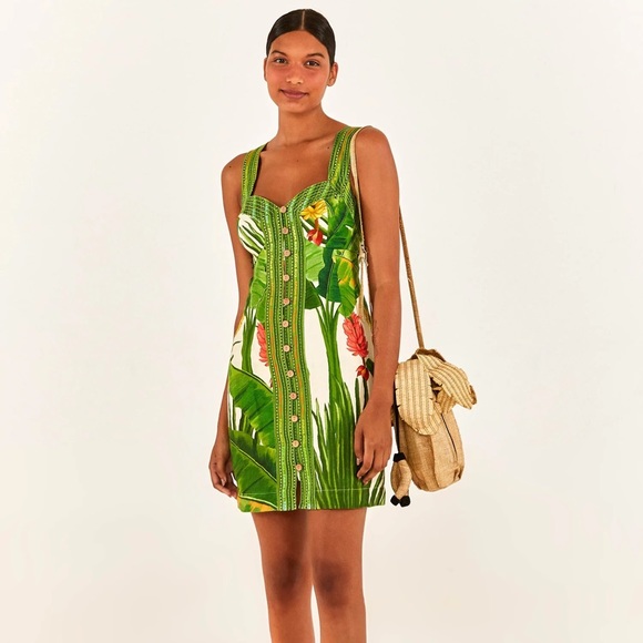 NWT Farm Rio Fresh Forest Scarf Sweetheart-Neck Minidress - Picture 3 of 10